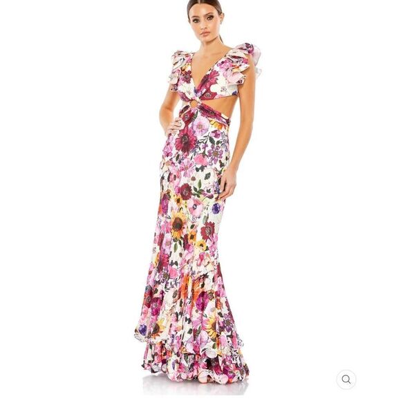 Mac Duggal 68107 Womens Floral Cut-Out Ruffle Sleeve Dress Gown - Picture 3 of 16
